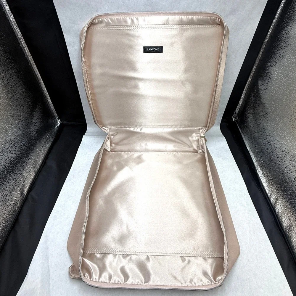 Lancome Paris Metallic Rose Gold Embossed Rose Makeup Train Case Travel Bag